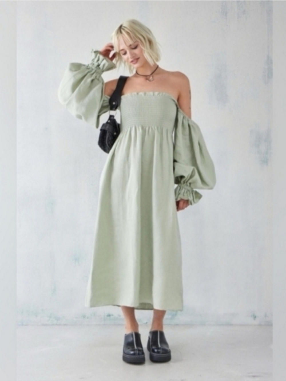 Sleeper 100% linen sage green atlanta midi dress, small